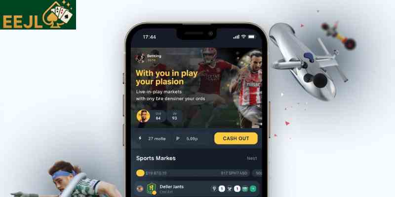 Mobile sportsbook app interface showing live in play betting markets and cash out feature