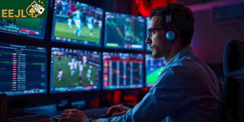 Professional bettor monitoring multiple live sports events for in play betting strategy
