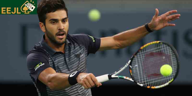 Professional tennis player serving at break point during live in play betting opportunity